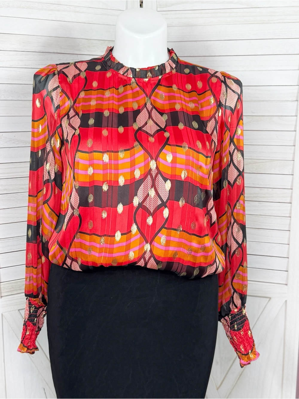 J Joie Printed Metallic Polka Dot Blouse Red Black‎ Pink Multi Large Smocked